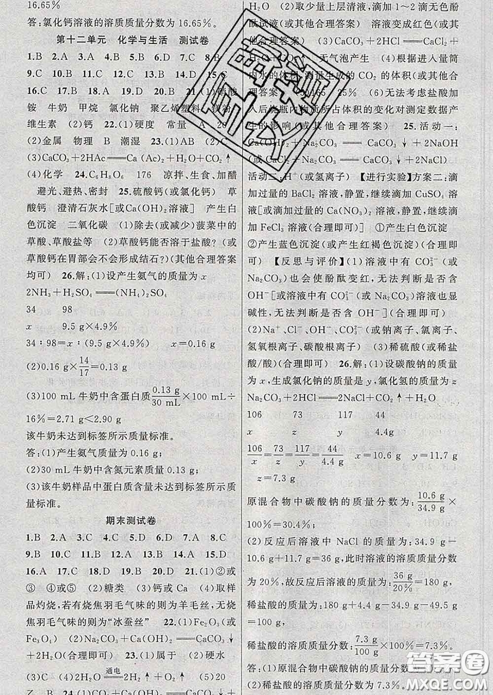 2020年黃岡金牌之路練闖考九年級化學(xué)下冊人教版答案