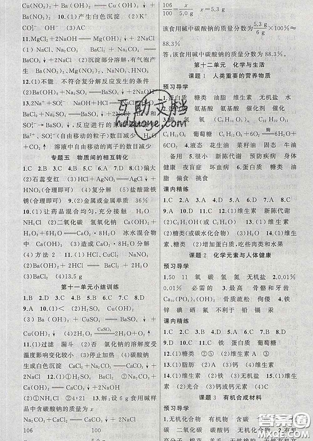 2020年黃岡金牌之路練闖考九年級化學(xué)下冊人教版答案