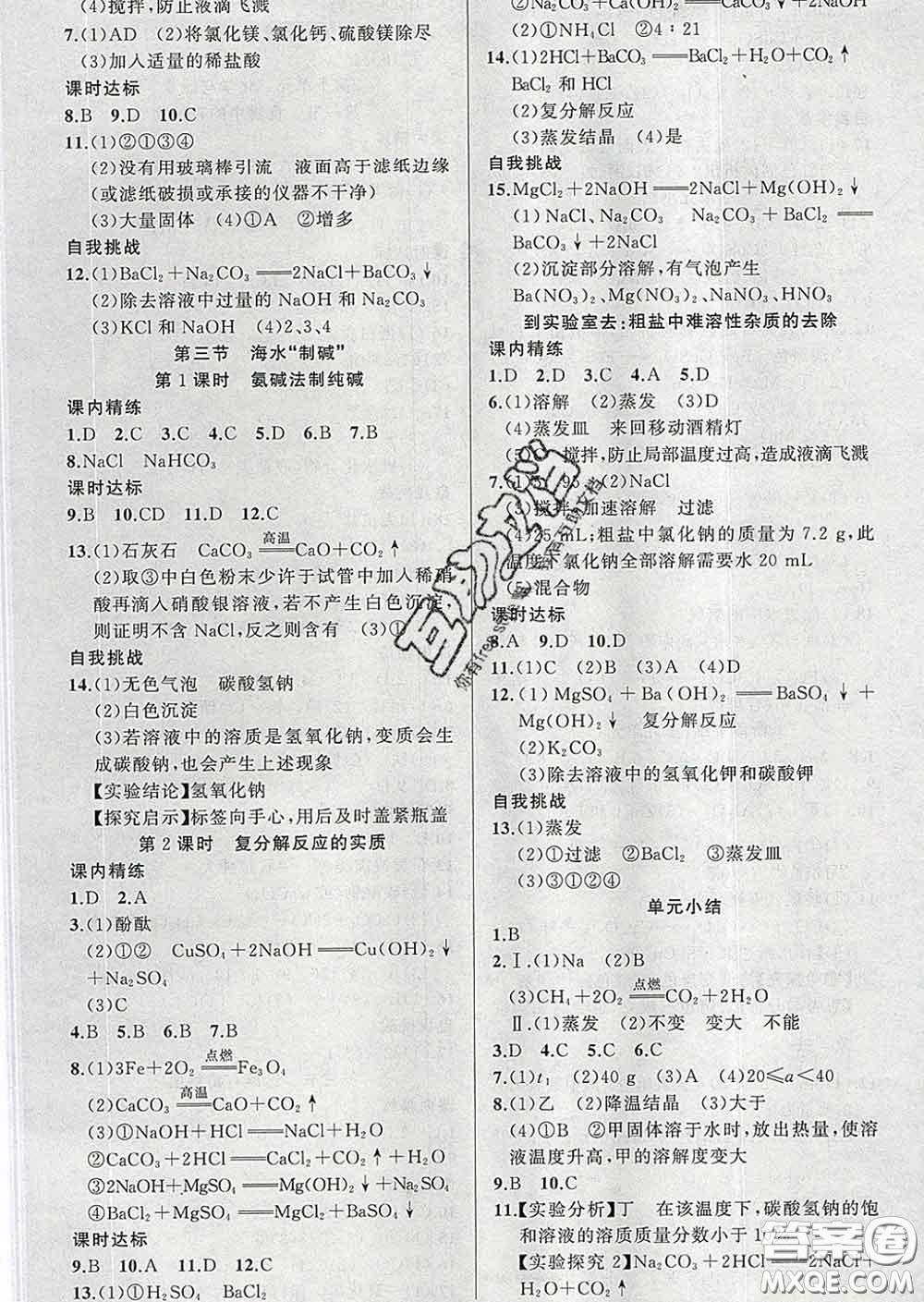 2020年黃岡金牌之路練闖考九年級化學(xué)下冊魯教版答案