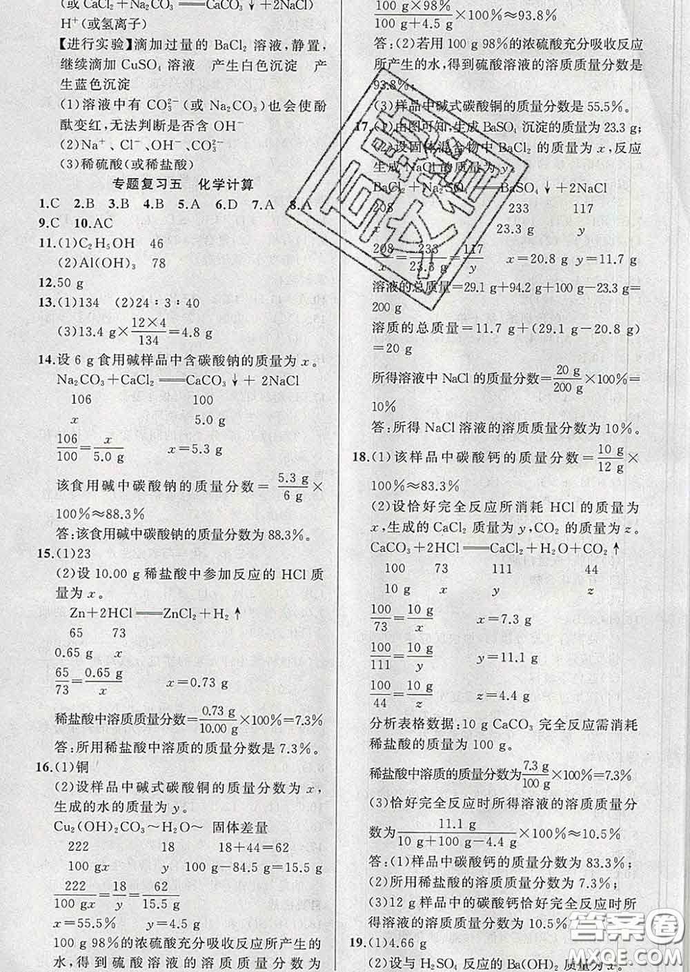 2020年黃岡金牌之路練闖考九年級化學(xué)下冊魯教版答案