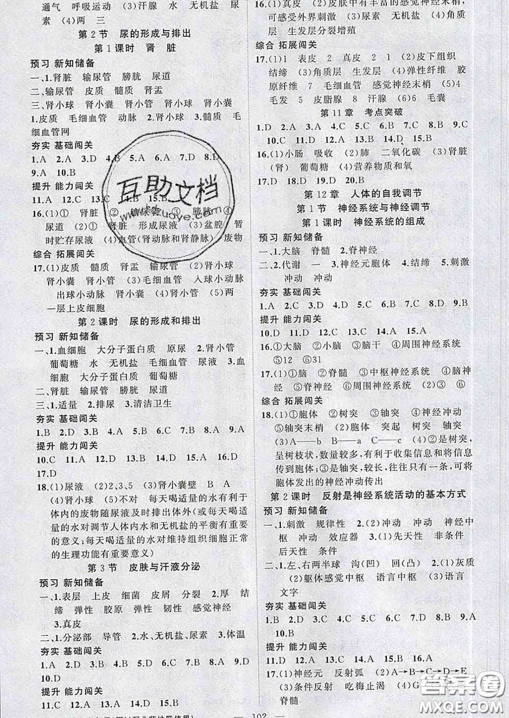 新疆青少年出版社2020春黃岡100分闖關(guān)七年級生物下冊北師版答案