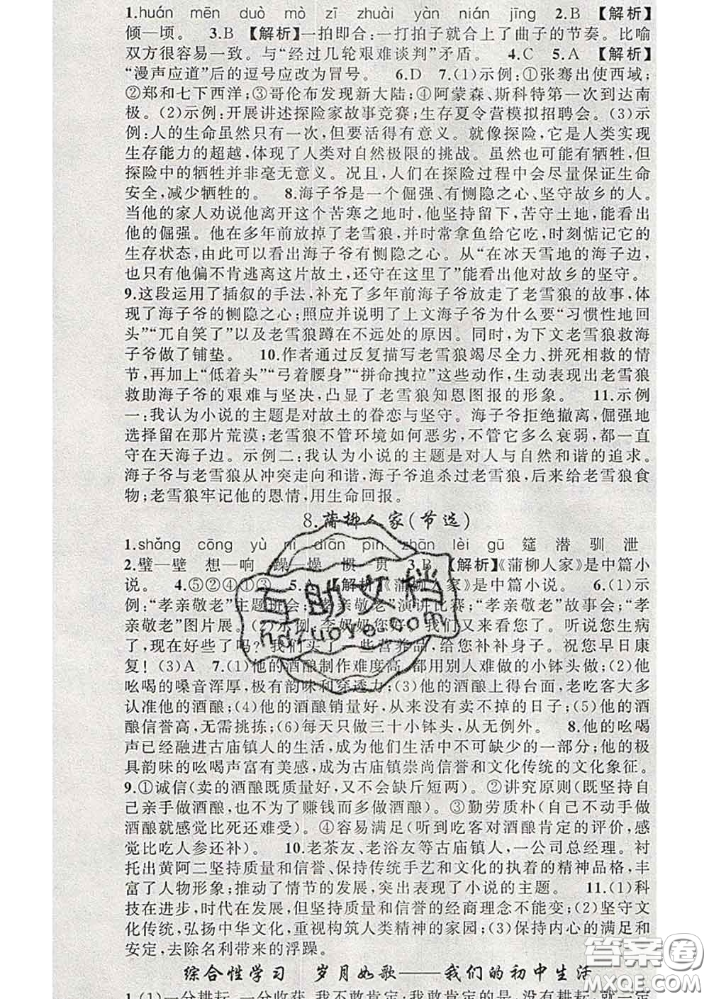 新疆青少年出版社2020春黃岡100分闖關(guān)九年級(jí)語(yǔ)文下冊(cè)人教版答案