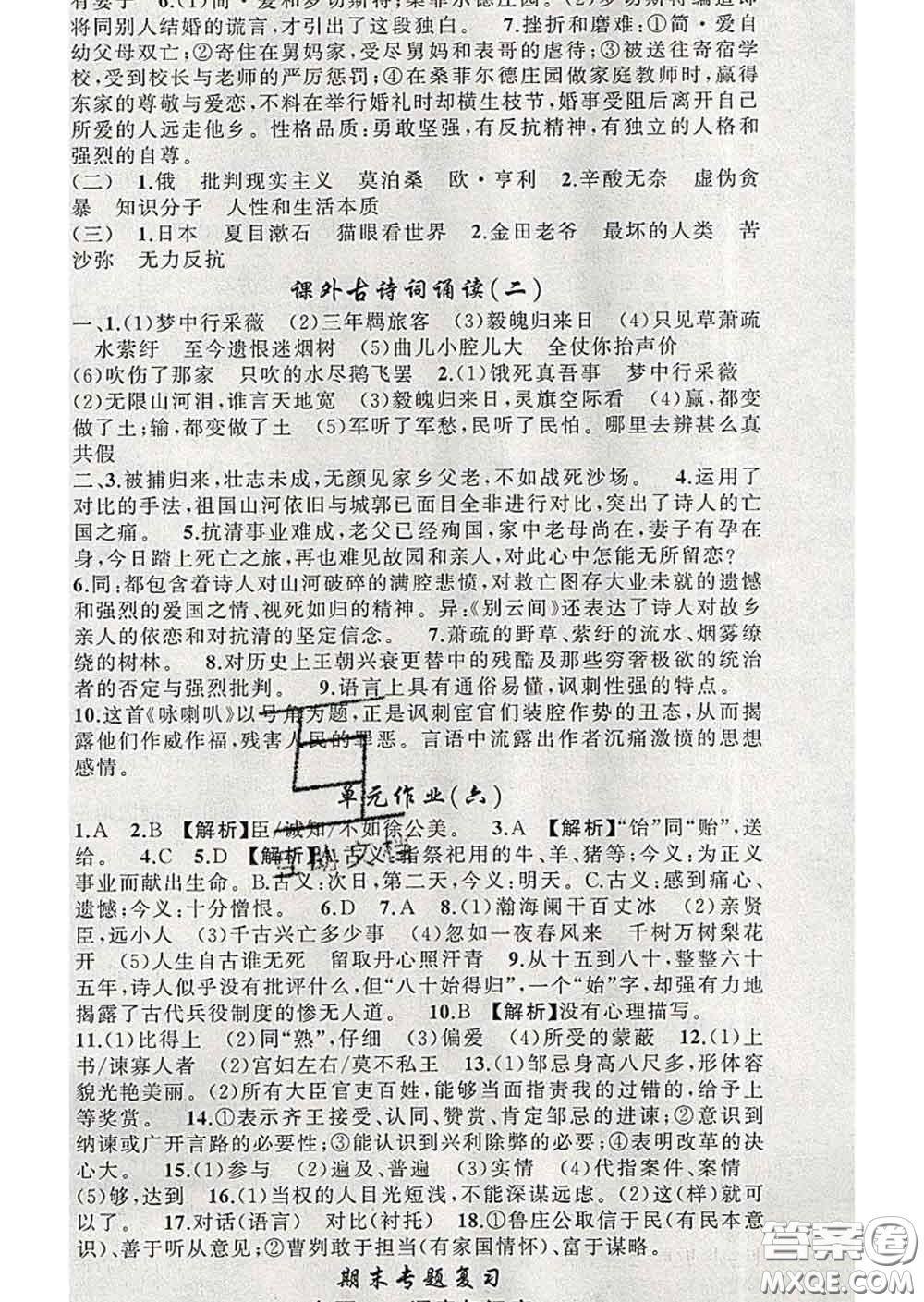 新疆青少年出版社2020春黃岡100分闖關(guān)九年級(jí)語(yǔ)文下冊(cè)人教版答案