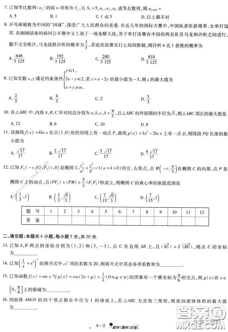 天一大聯(lián)考2020屆高考全真模擬卷四理科數學試題及答案