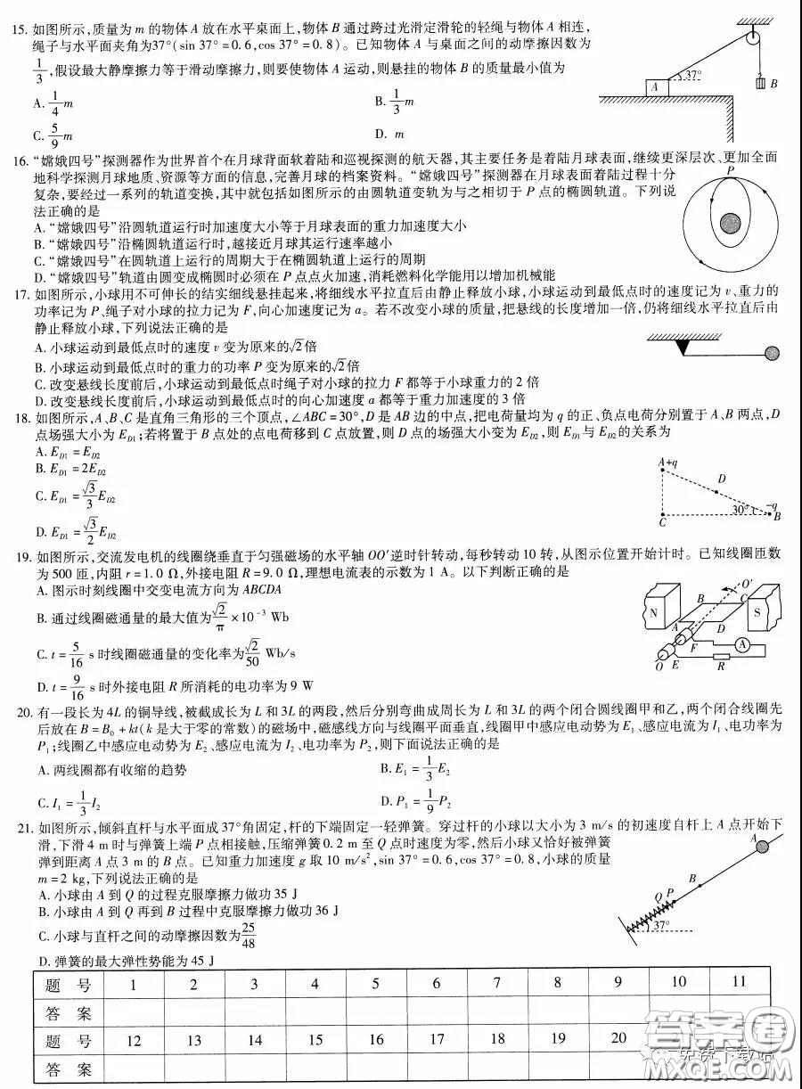 天一大聯(lián)考2020屆高考全真模擬卷四理科綜合試題及答案