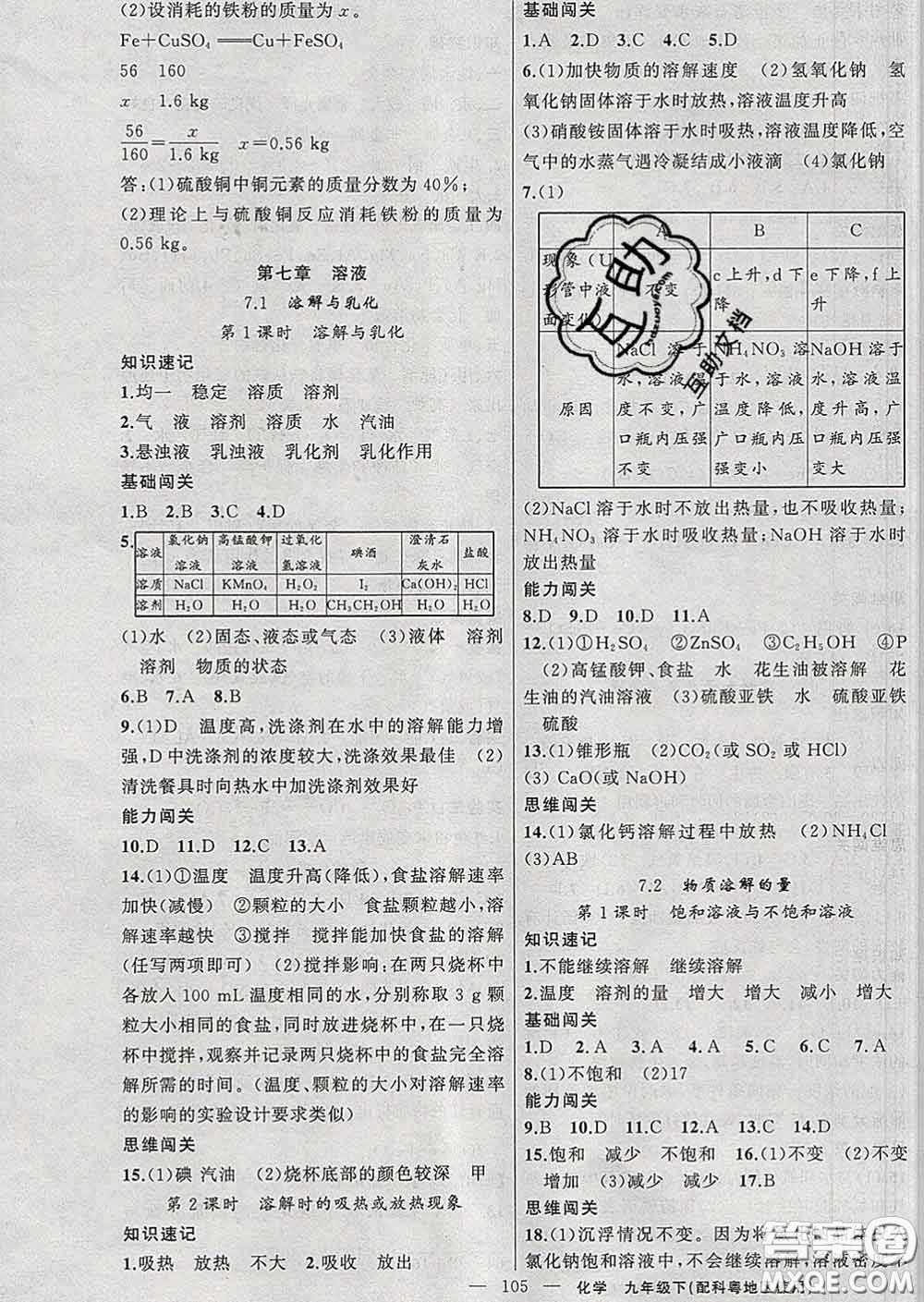 新疆青少年出版社2020春黃岡100分闖關(guān)九年級化學(xué)下冊科粵版答案