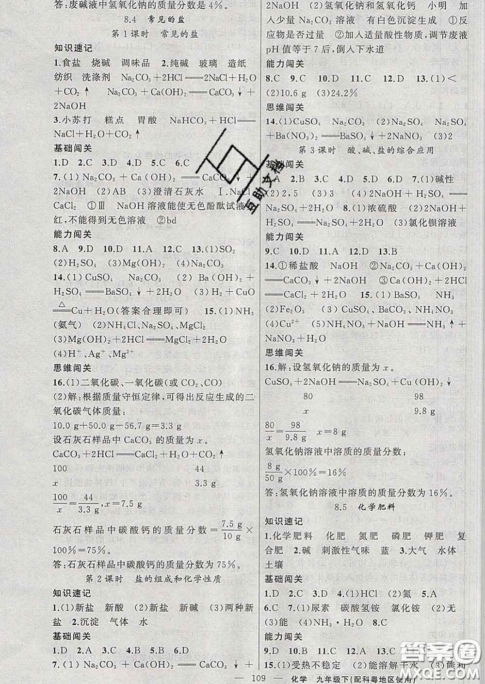 新疆青少年出版社2020春黃岡100分闖關(guān)九年級化學(xué)下冊科粵版答案