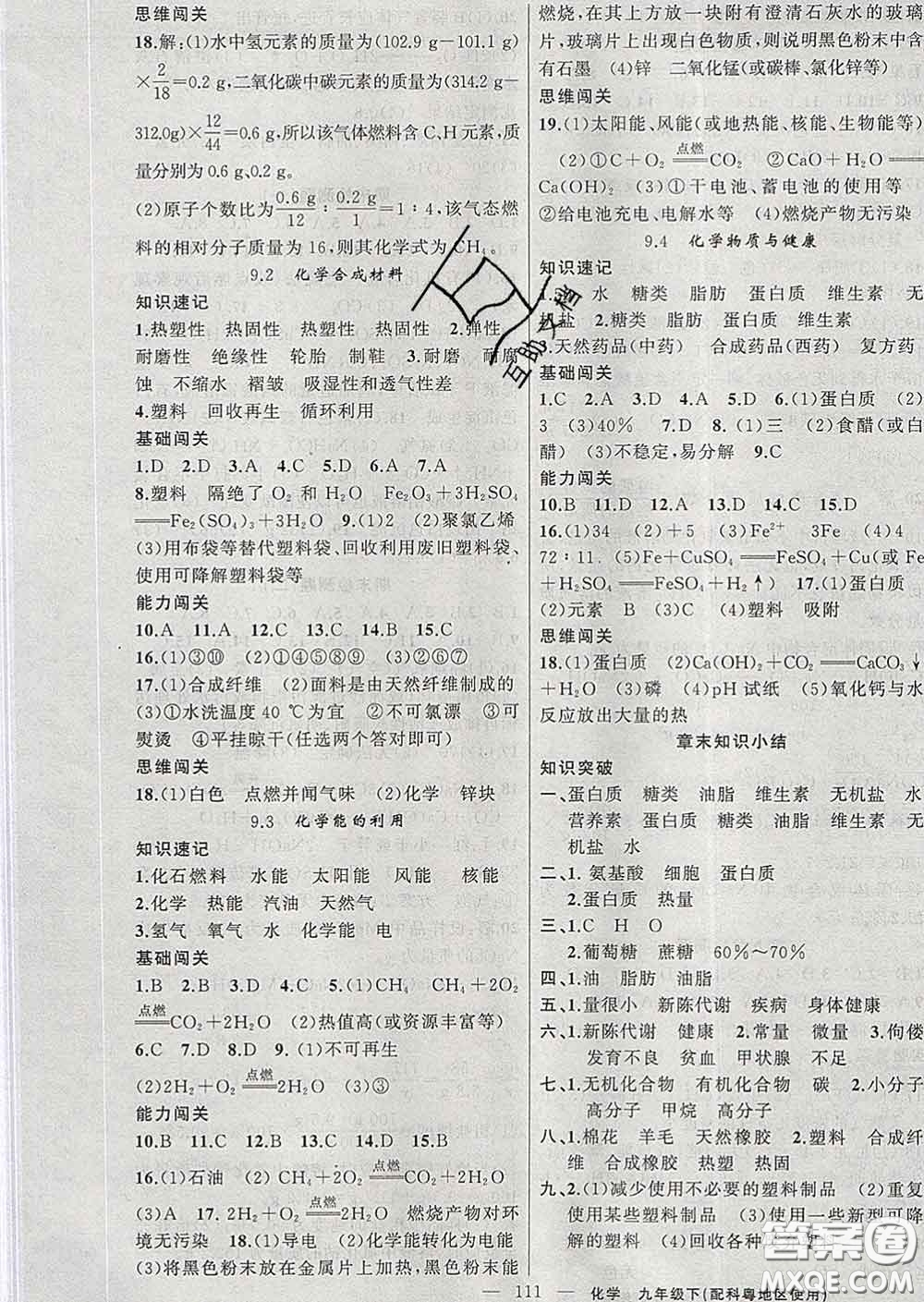 新疆青少年出版社2020春黃岡100分闖關(guān)九年級化學(xué)下冊科粵版答案