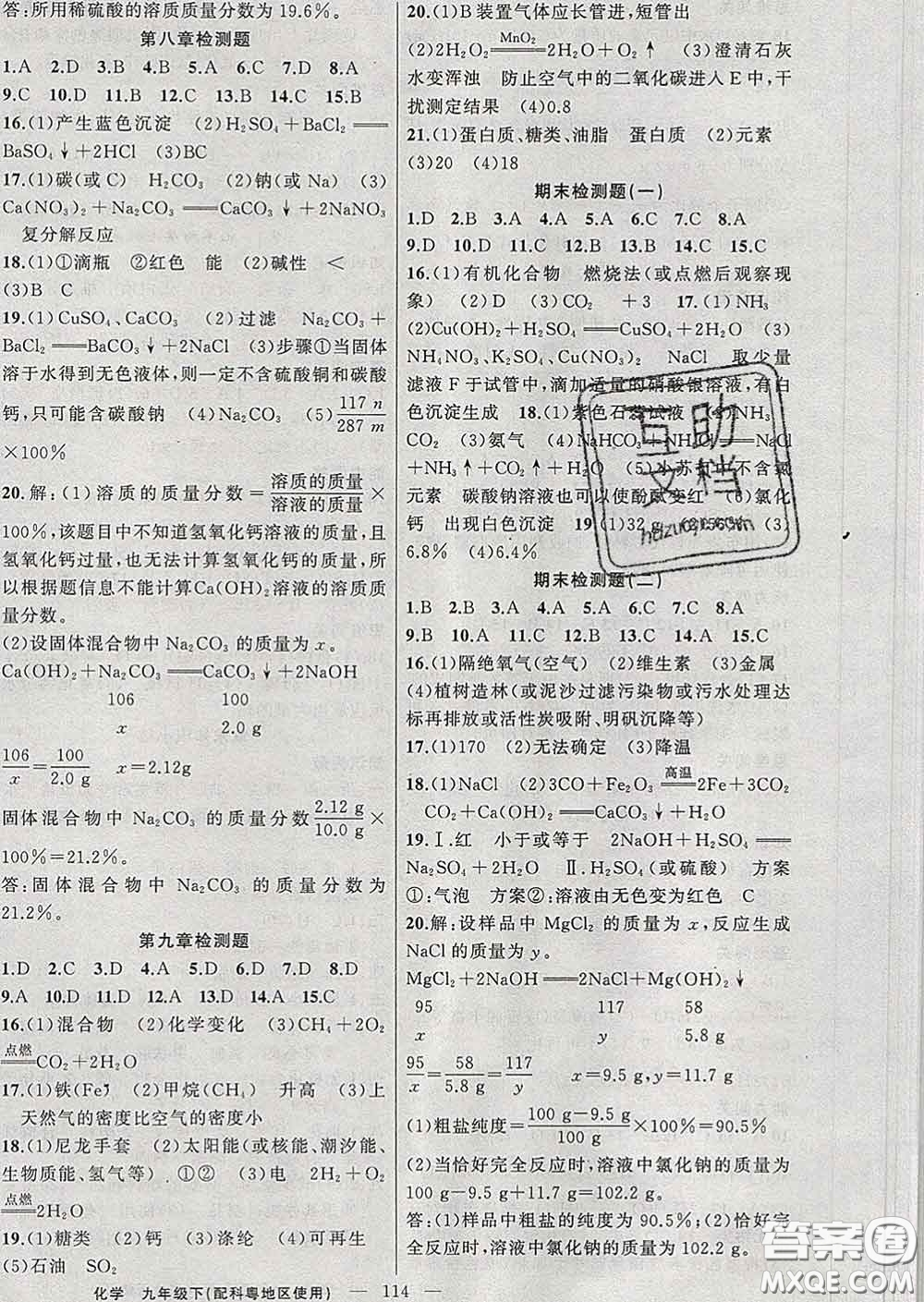 新疆青少年出版社2020春黃岡100分闖關(guān)九年級化學(xué)下冊科粵版答案