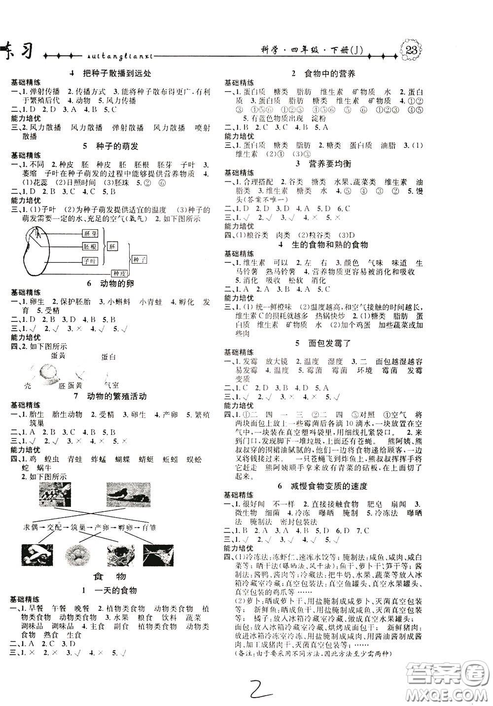 晨光出版社2020年課時掌控隨堂練習科學4年級下冊J教科版參考答案