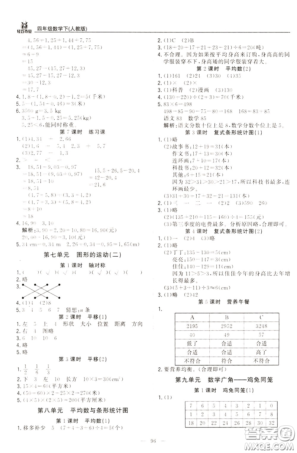 2020年1+1輕巧奪冠優(yōu)化訓練四年級下冊數(shù)學人教版參考答案