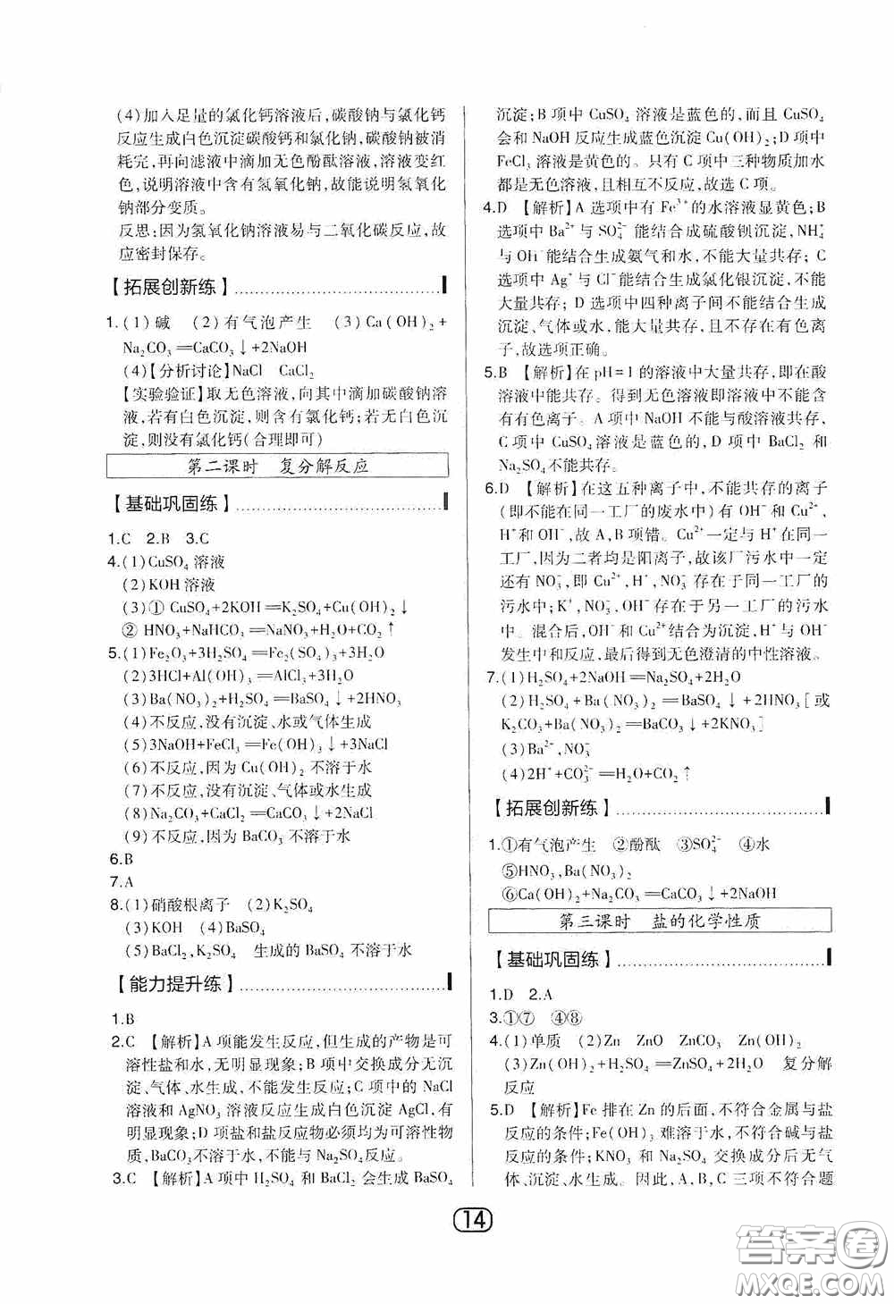 東北師范大學出版社2020北大綠卡課時同步講練九年級化學下冊人教版答案