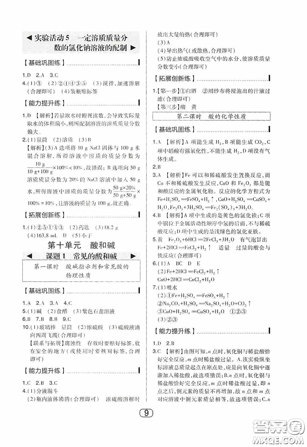 東北師范大學出版社2020北大綠卡課時同步講練九年級化學下冊人教版答案