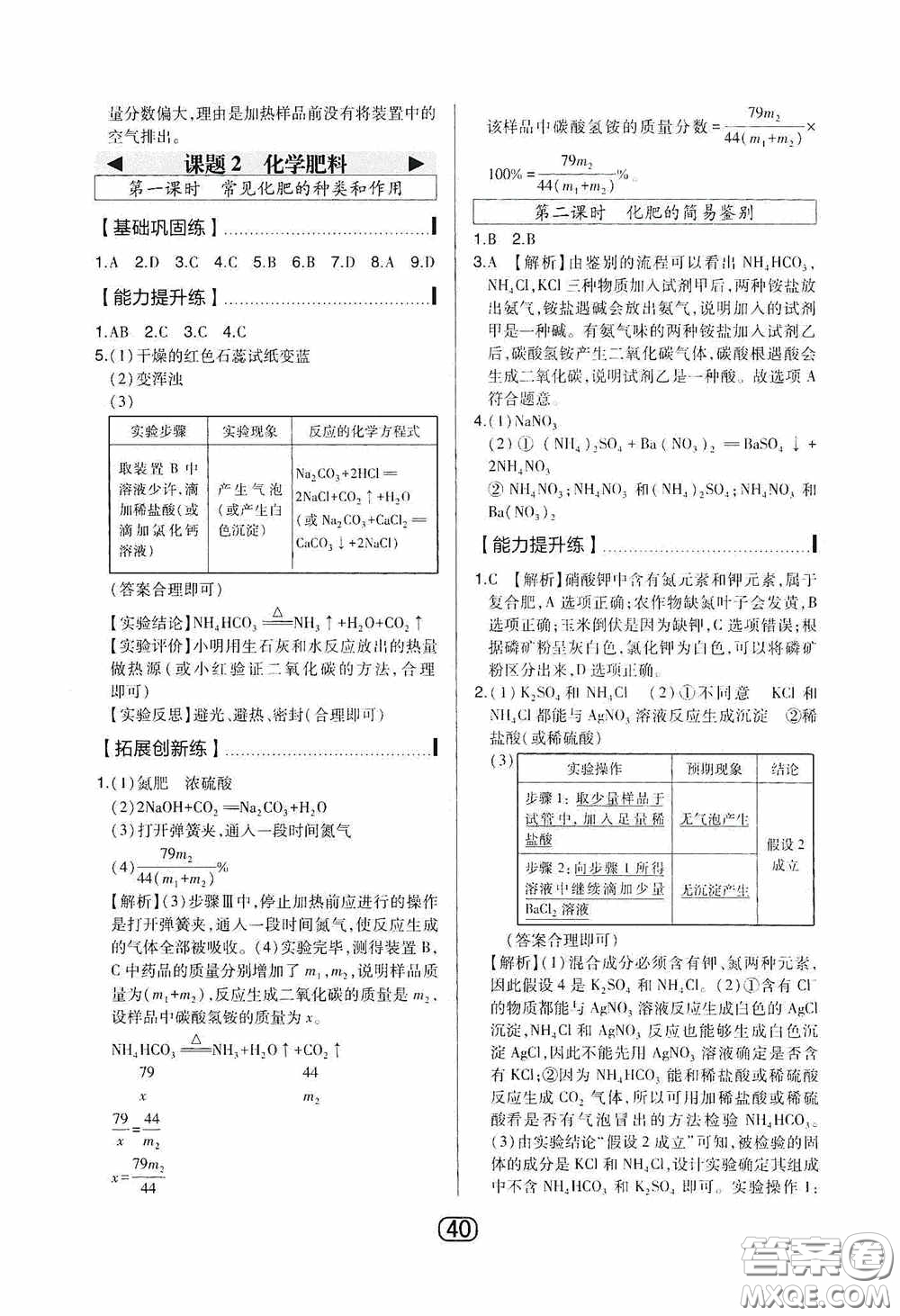 東北師范大學出版社2020北大綠卡課時同步講練九年級化學下冊人教版答案