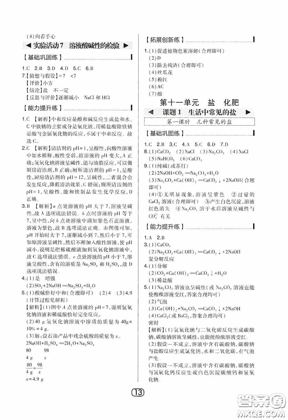 東北師范大學出版社2020北大綠卡課時同步講練九年級化學下冊人教版答案