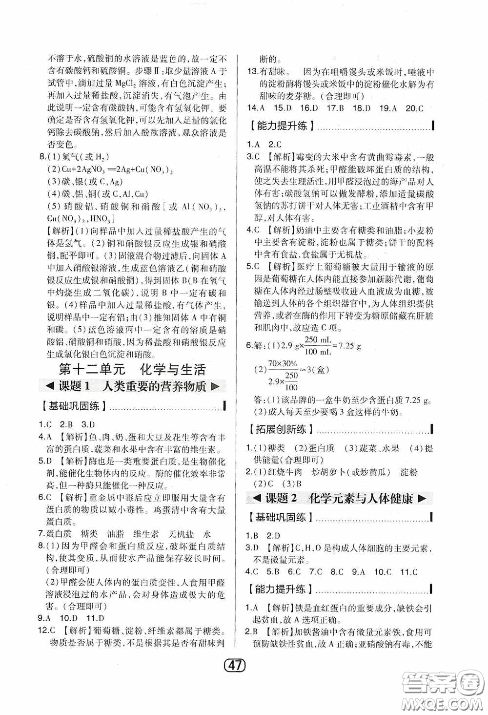 東北師范大學出版社2020北大綠卡課時同步講練九年級化學下冊人教版答案