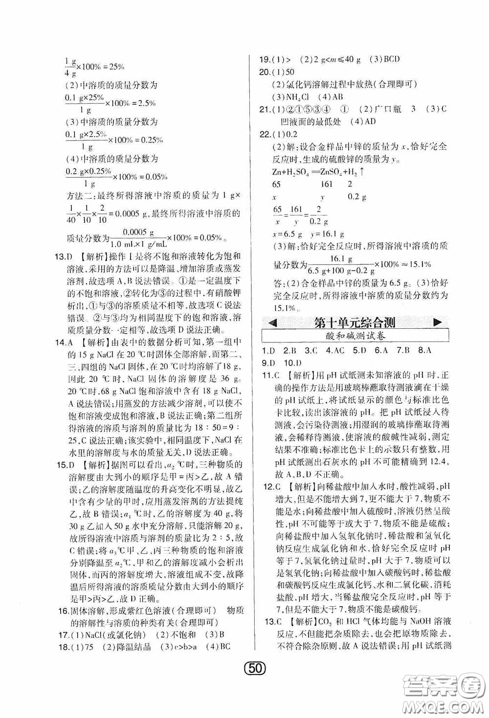 東北師范大學出版社2020北大綠卡課時同步講練九年級化學下冊人教版答案