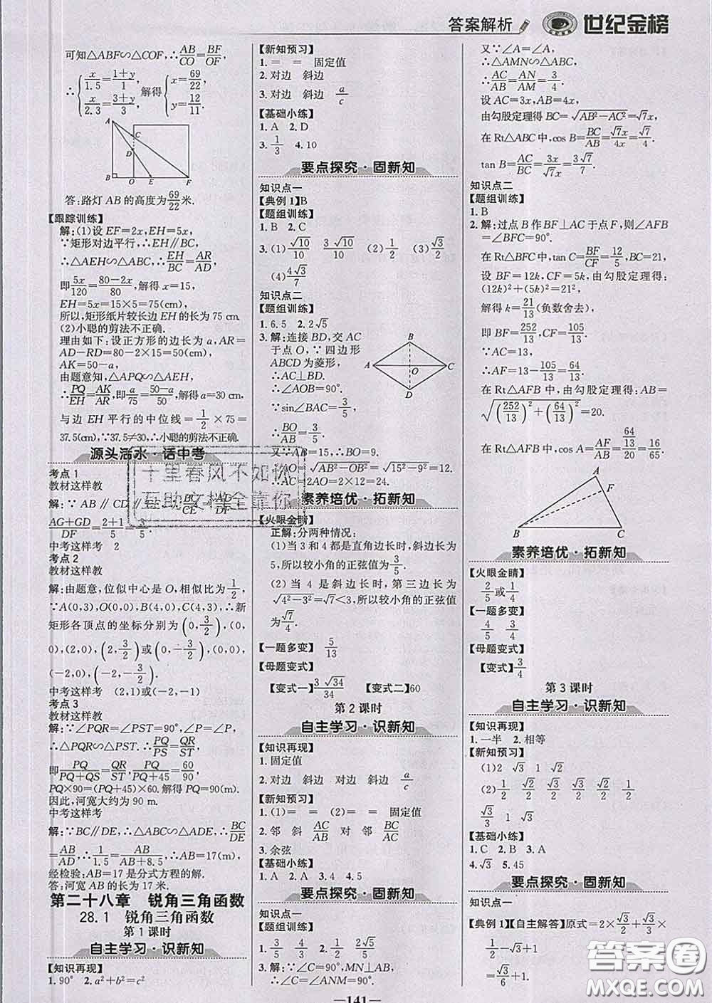 2020新版世紀金榜金榜學(xué)案九年級數(shù)學(xué)下冊人教版答案