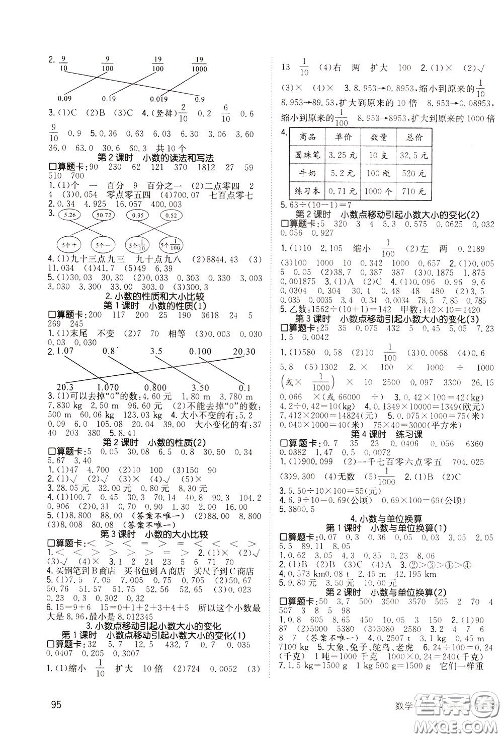 2020年英才小狀元同步優(yōu)化練與測(cè)四年級(jí)下冊(cè)數(shù)學(xué)RJ人教版參考答案