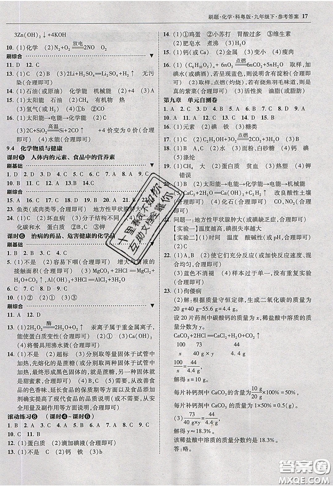 2020春北大綠卡刷題九年級(jí)化學(xué)下冊(cè)科粵版答案