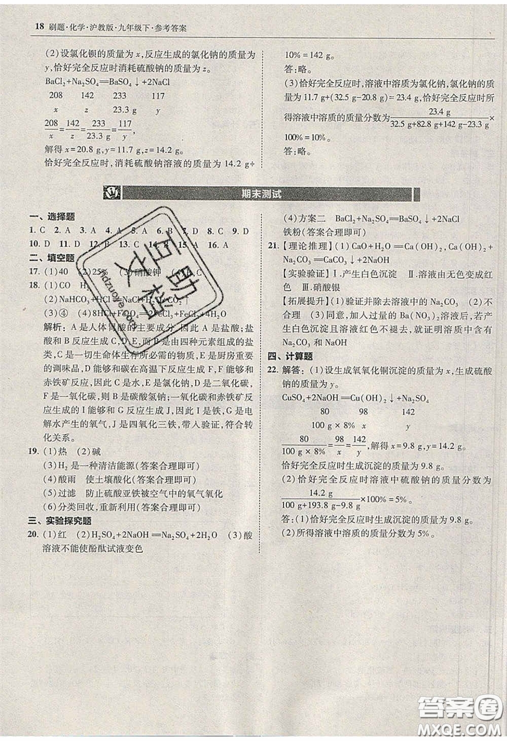 2020春北大綠卡刷題九年級化學(xué)下冊滬教版答案