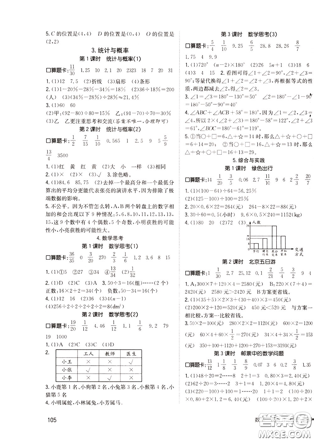 2020年英才小狀元同步優(yōu)化練與測(cè)六年級(jí)下冊(cè)數(shù)學(xué)RJ人教版參考答案