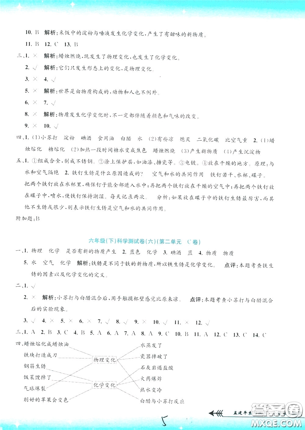 孟建平系列叢書2020年小學(xué)單元測(cè)試科學(xué)六年級(jí)下冊(cè)J教科版參考答案