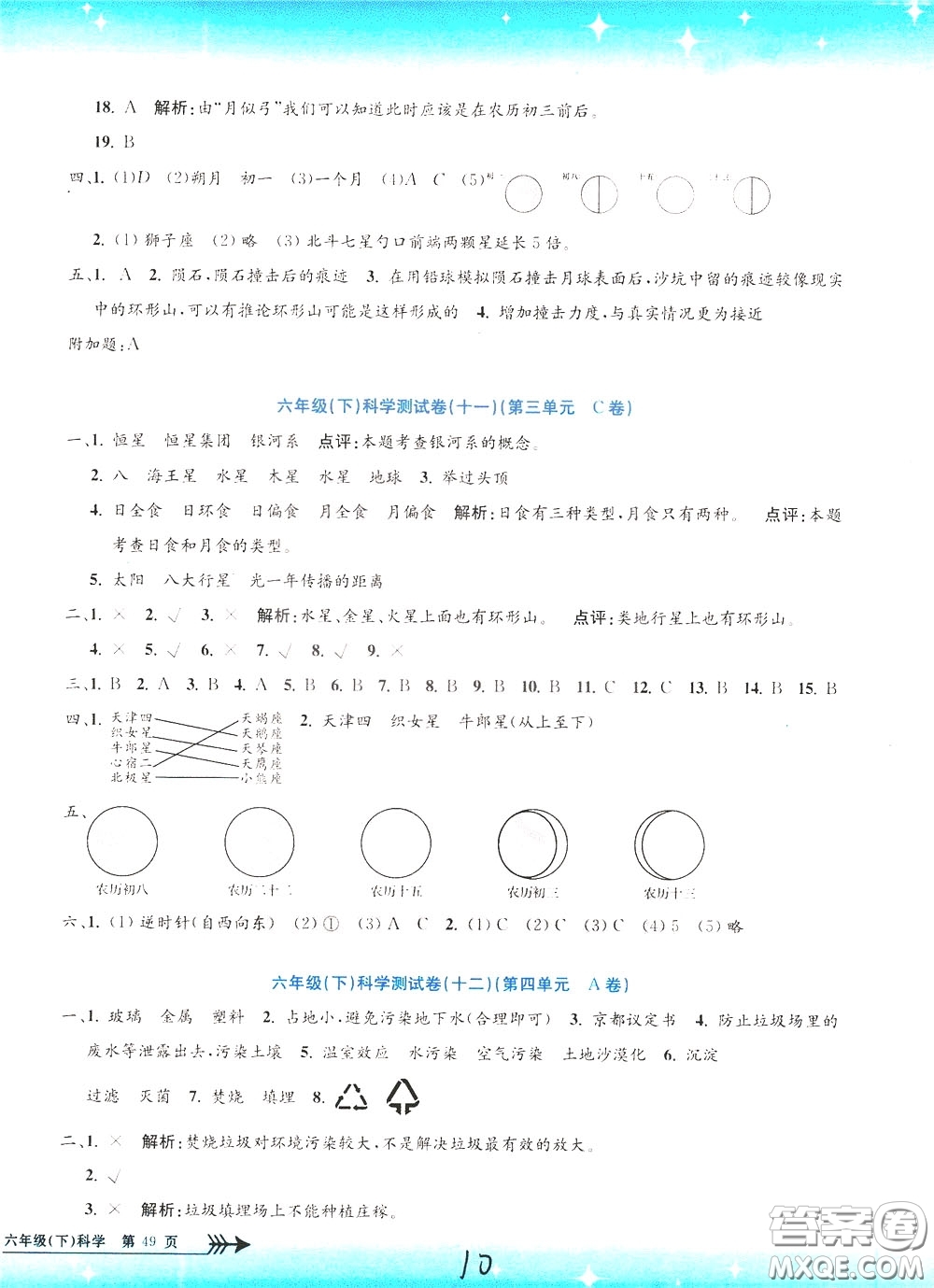 孟建平系列叢書2020年小學(xué)單元測(cè)試科學(xué)六年級(jí)下冊(cè)J教科版參考答案