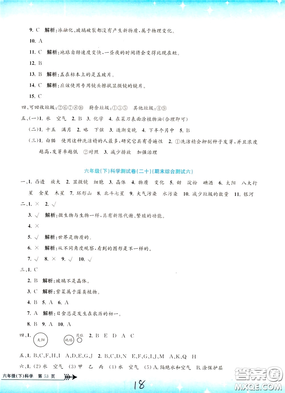 孟建平系列叢書2020年小學(xué)單元測(cè)試科學(xué)六年級(jí)下冊(cè)J教科版參考答案