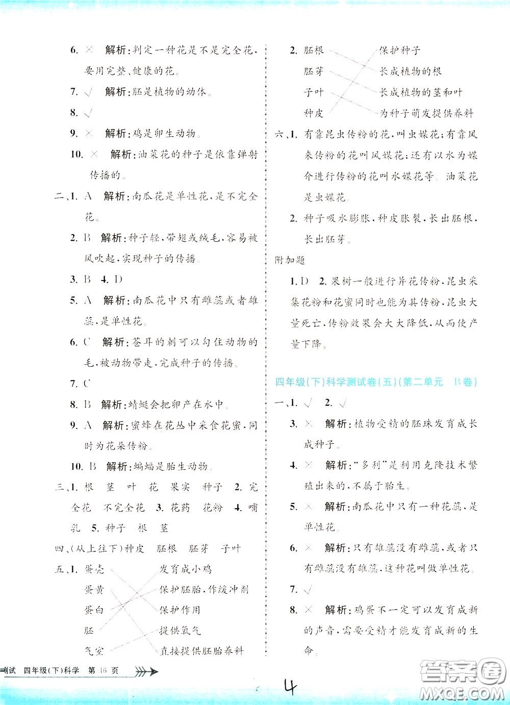 孟建平系列叢書2020年小學(xué)單元測試科學(xué)四年級下冊J教科版參考答案