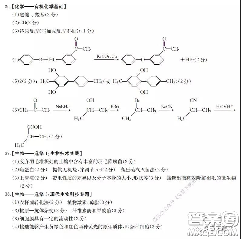 2020屆金太陽2月線上聯(lián)考理科綜合答案