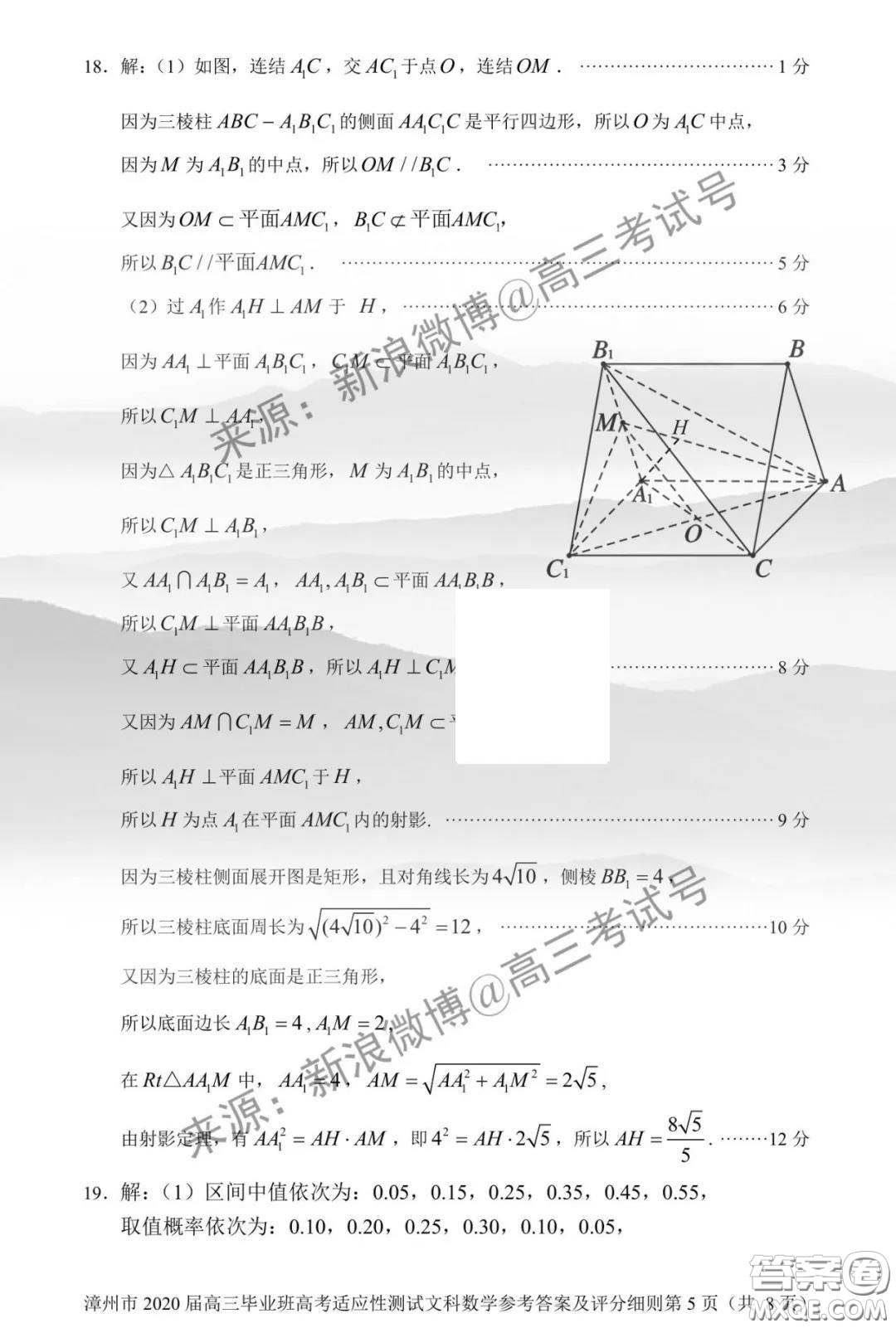 漳州市2020屆高中畢業(yè)班高考適應(yīng)性測試文科數(shù)學(xué)答案