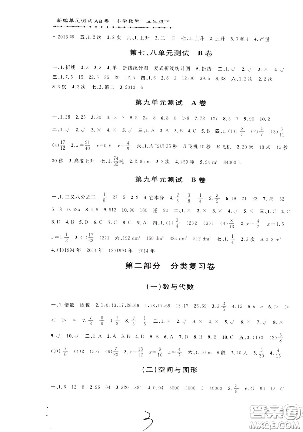 2020年新編單元測(cè)試AB卷小學(xué)數(shù)學(xué)五年級(jí)下冊(cè)參考答案