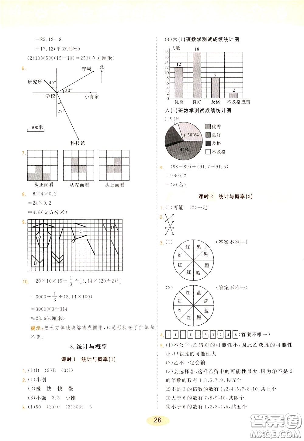 2020年黃岡同步練一日一練數(shù)學(xué)6年級(jí)下冊(cè)RJ人教版參考答案