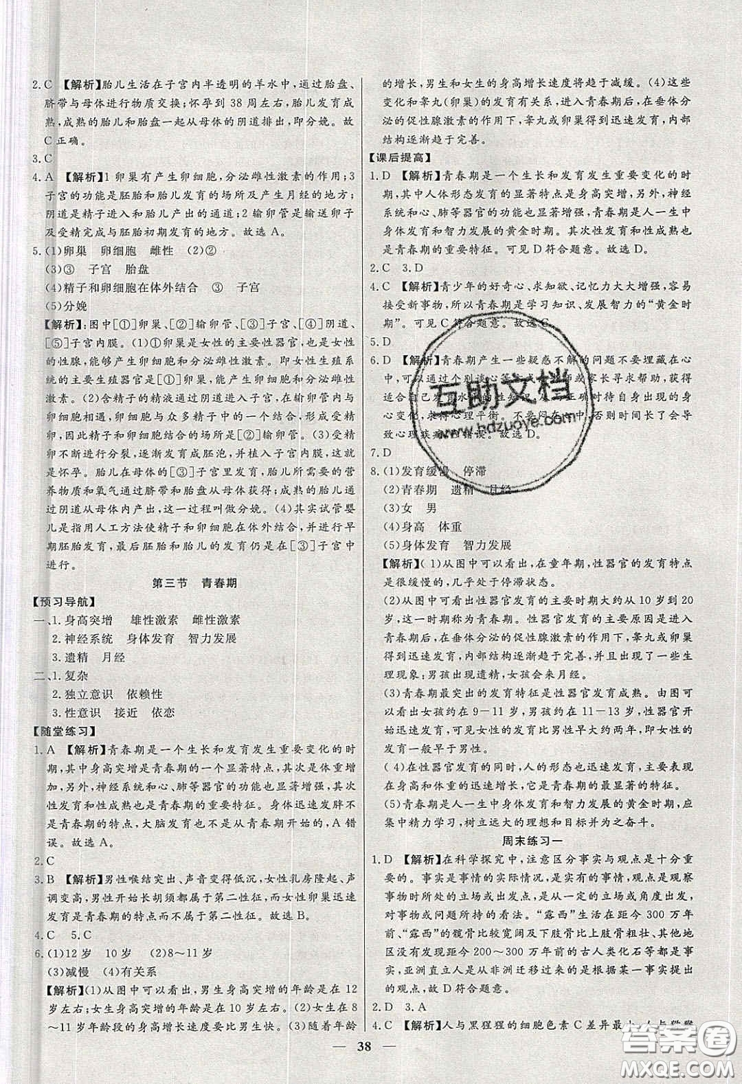 2020年春高分計劃中考版創(chuàng)新作業(yè)七年級生物下冊人教版答案