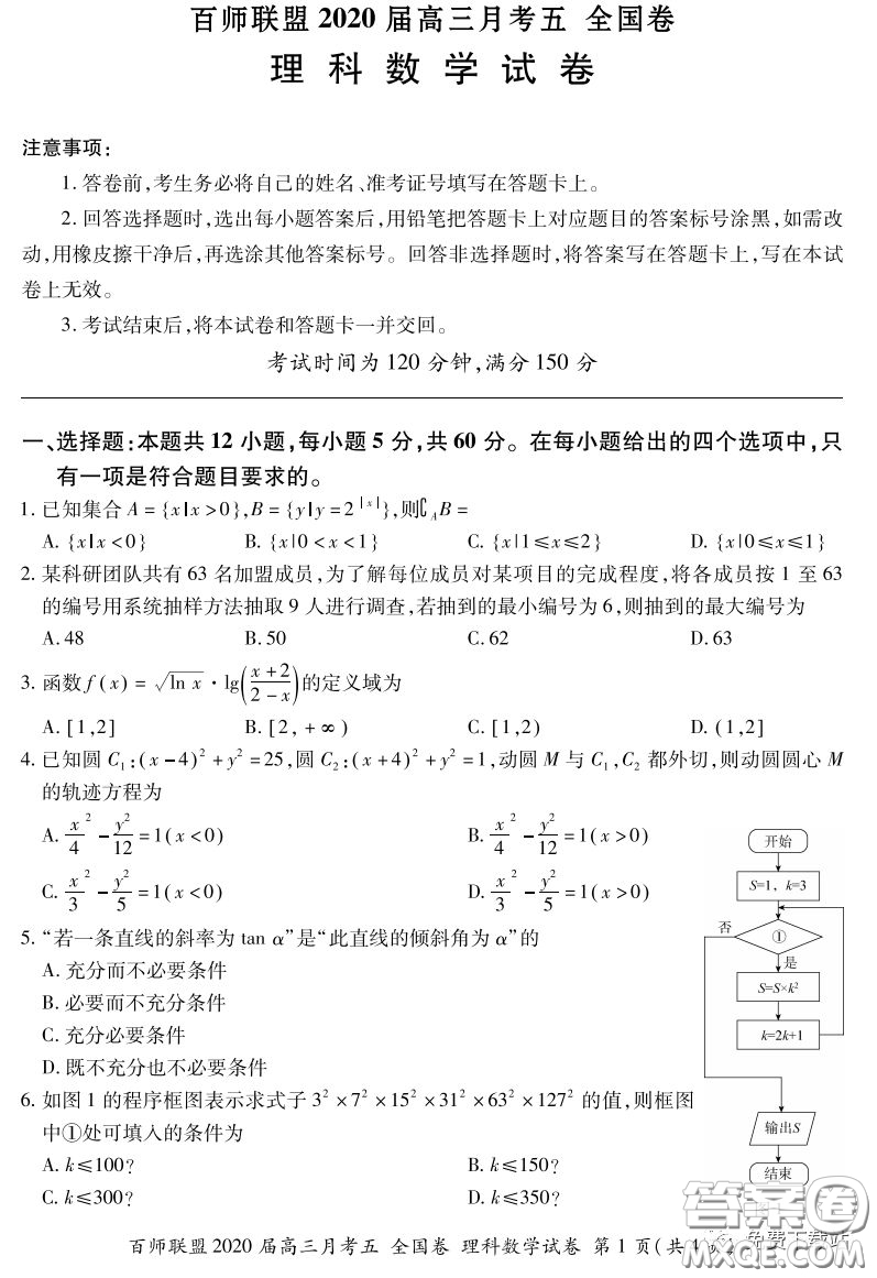 百師聯(lián)盟2020屆高三月考五全國(guó)卷理科數(shù)學(xué)試題及答案