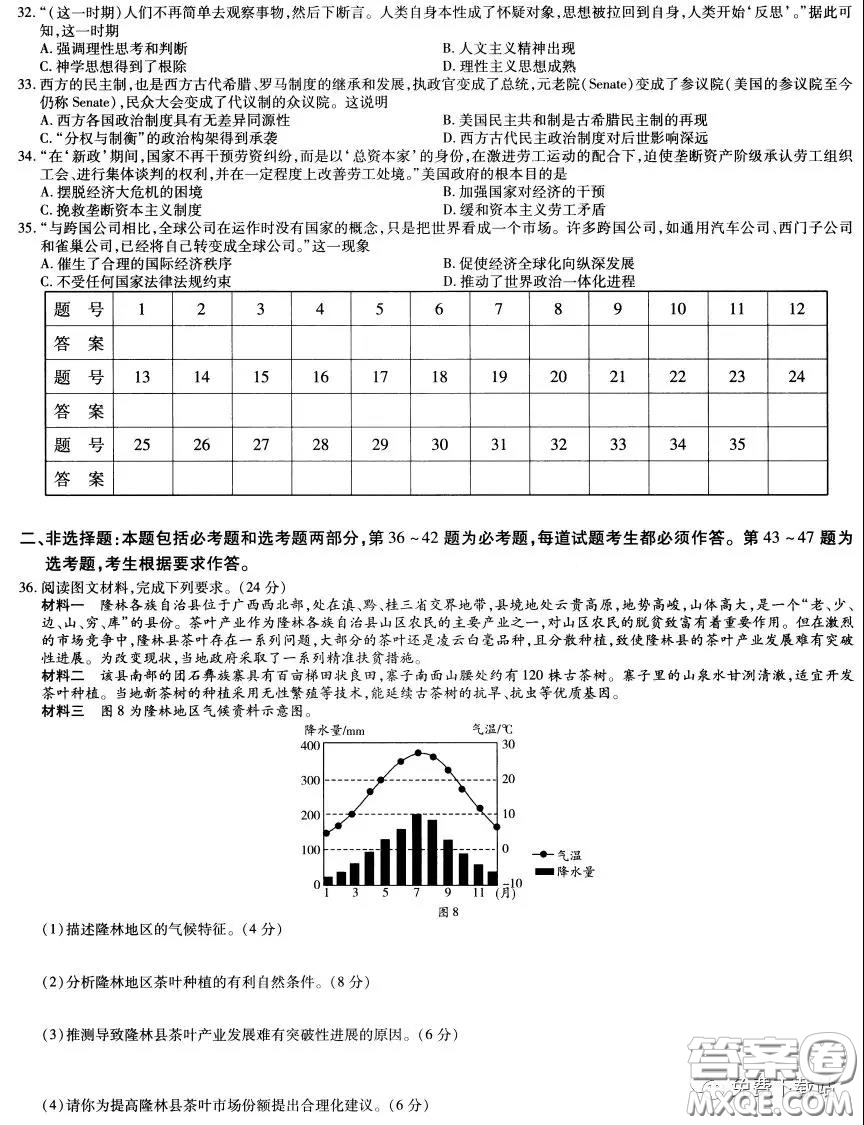 2020年天一大聯(lián)考高考全真模擬卷五文科綜合試題及答案