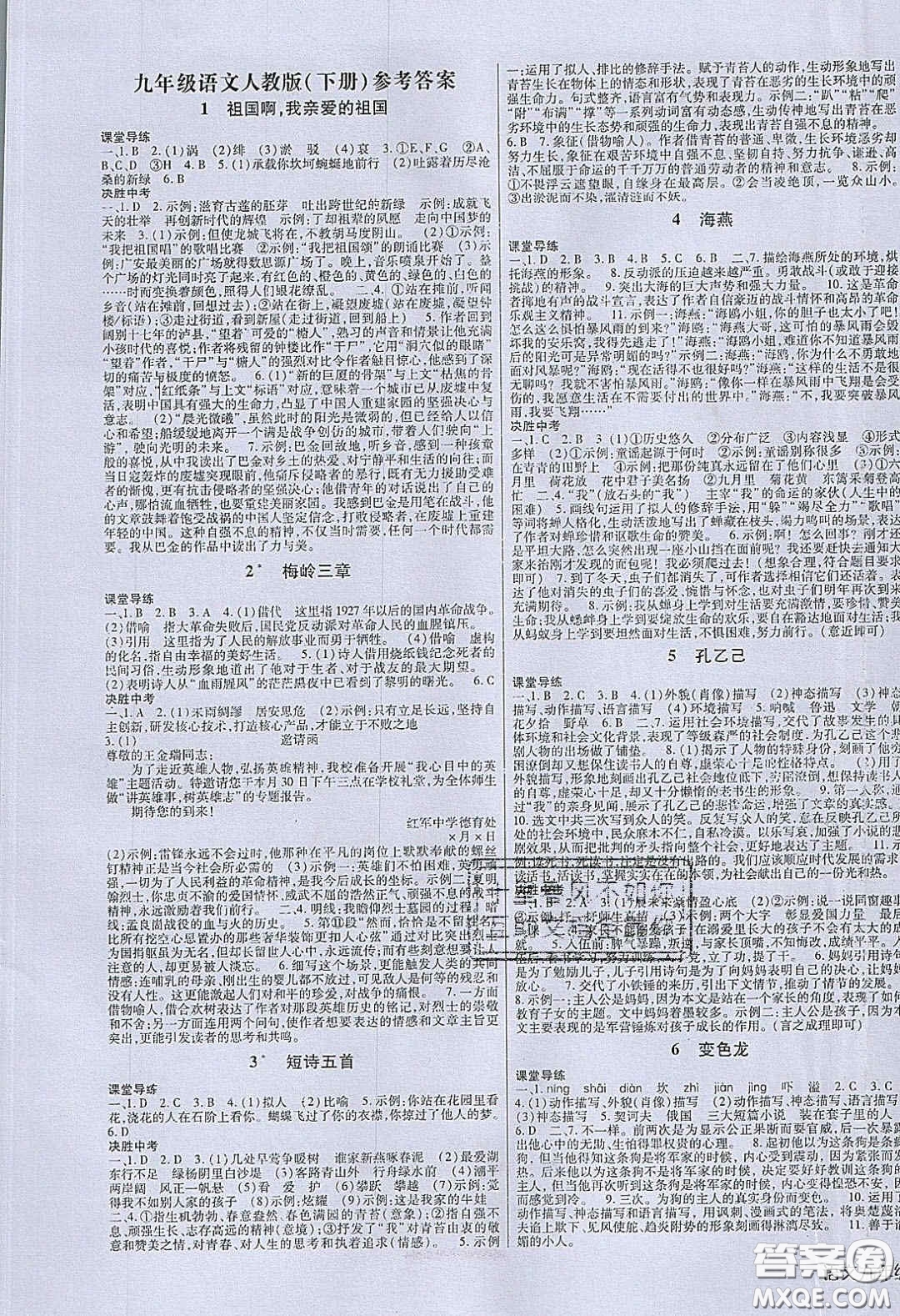 2020年高分突破課時達標講練測九年級語文下冊人教版答案