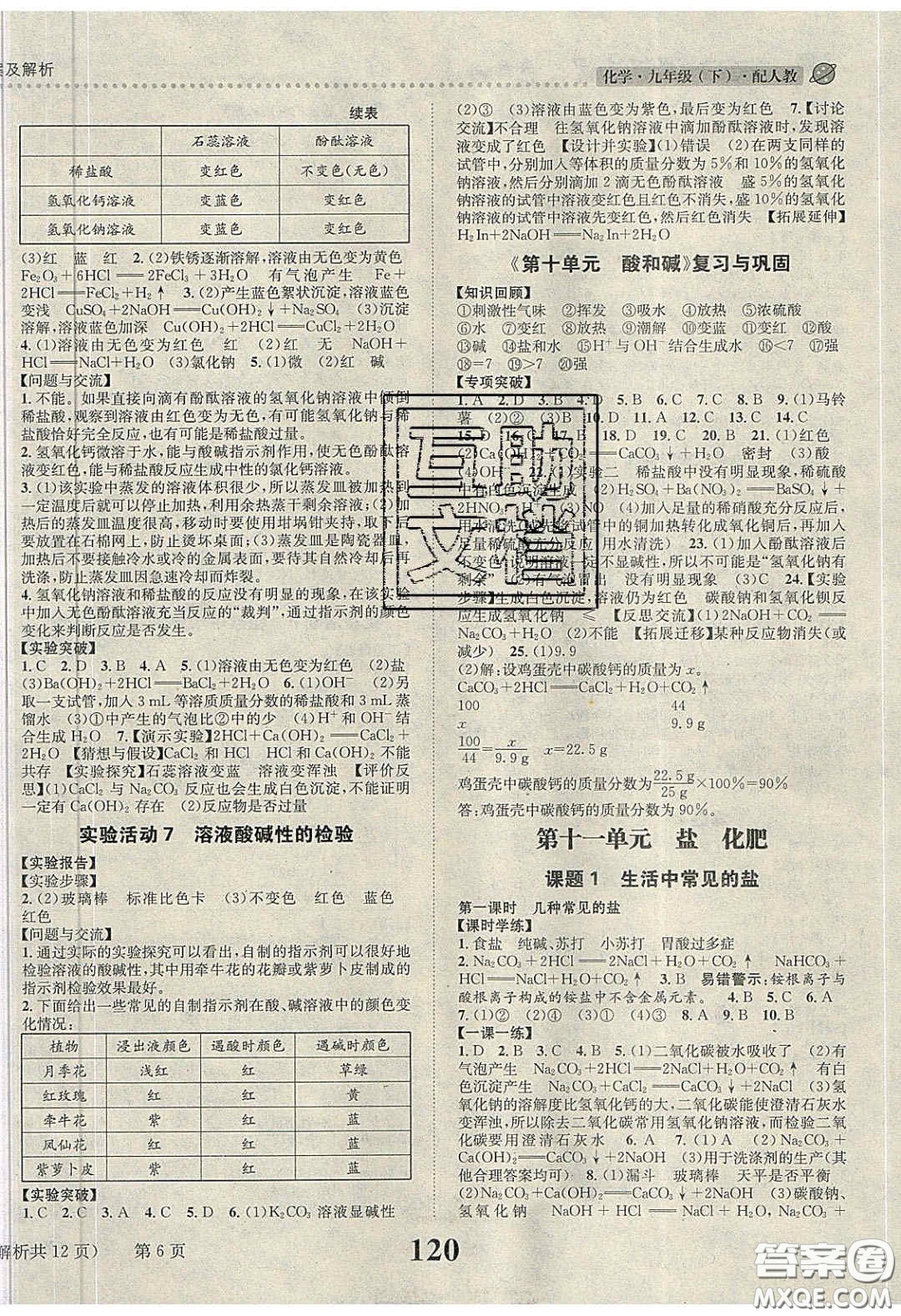 2020年課時達標練與測九年級化學下冊人教版答案