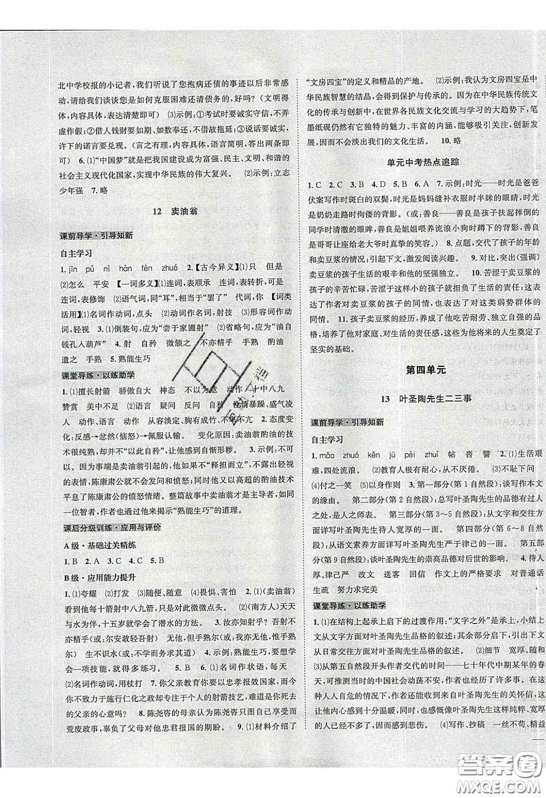 2020年名校秘題全程導(dǎo)練導(dǎo)學(xué)案七年級(jí)語(yǔ)文下冊(cè)人教版答案