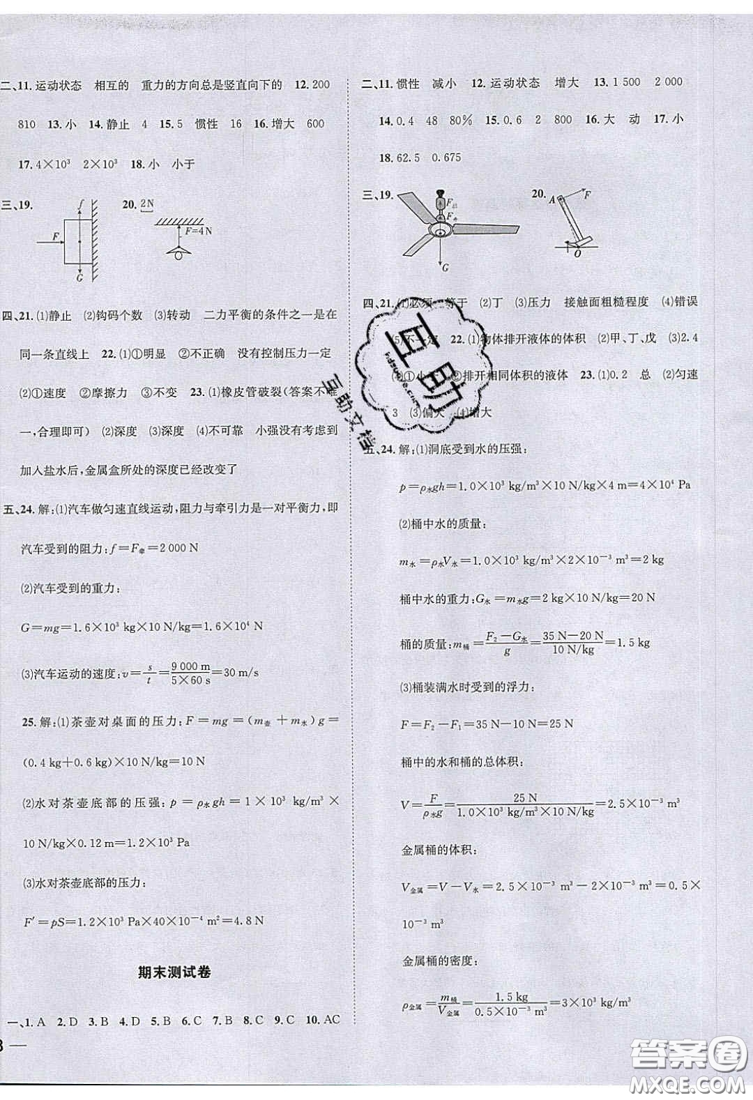 2020年名校秘題全程導(dǎo)練導(dǎo)學(xué)案八年級物理下冊教科版答案