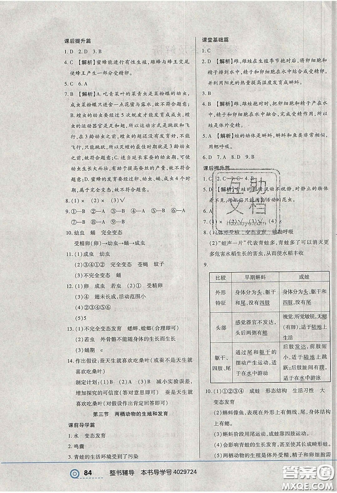 2020年中考123全程導(dǎo)練八年級生物學(xué)下冊人教版答案