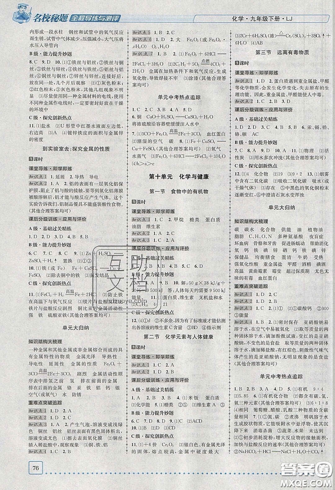 2020年名校秘題全程導(dǎo)練導(dǎo)學(xué)案九年級化學(xué)下冊魯教版答案