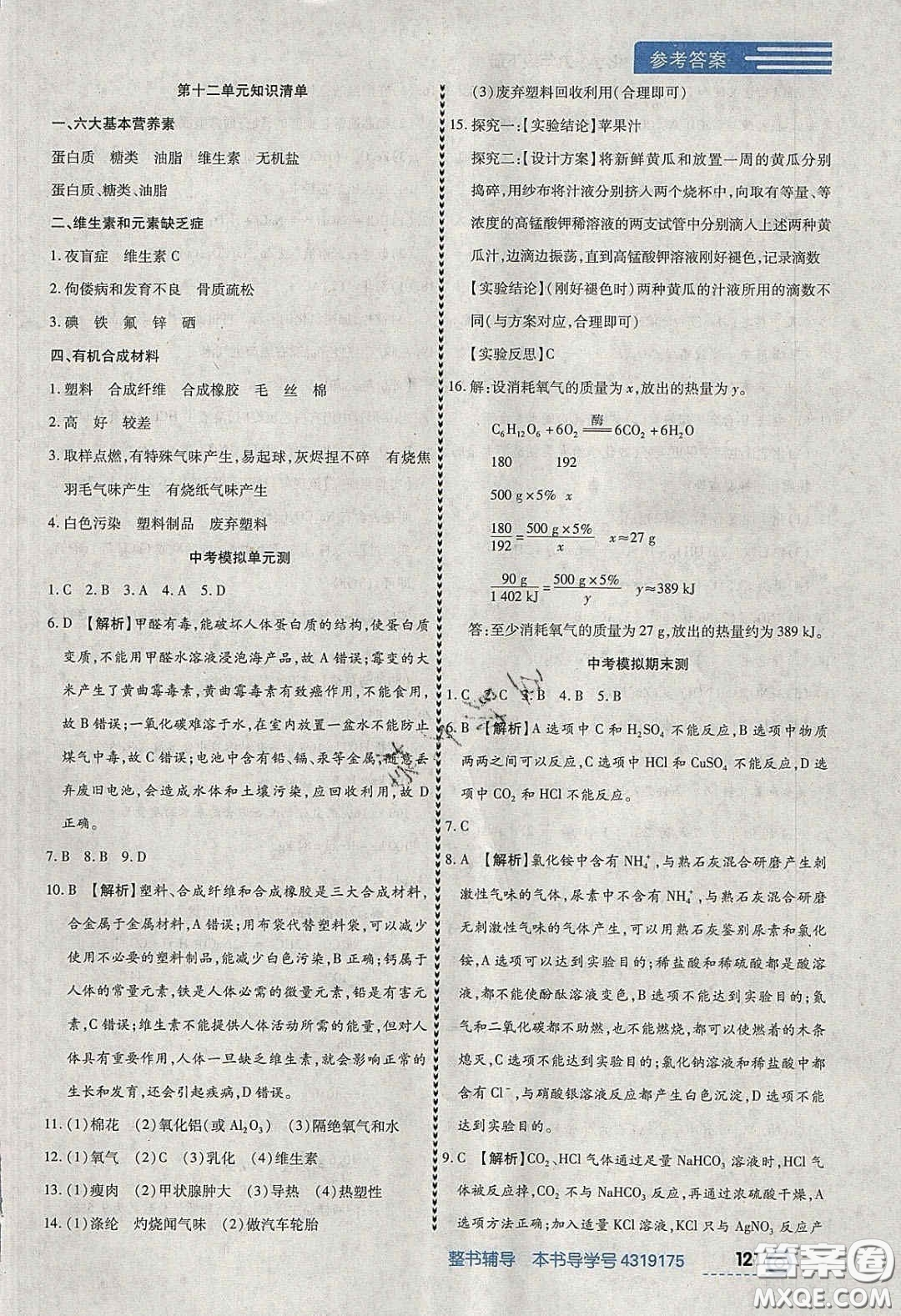 2020年中考123全程導(dǎo)練九年級化學(xué)下冊人教版答案