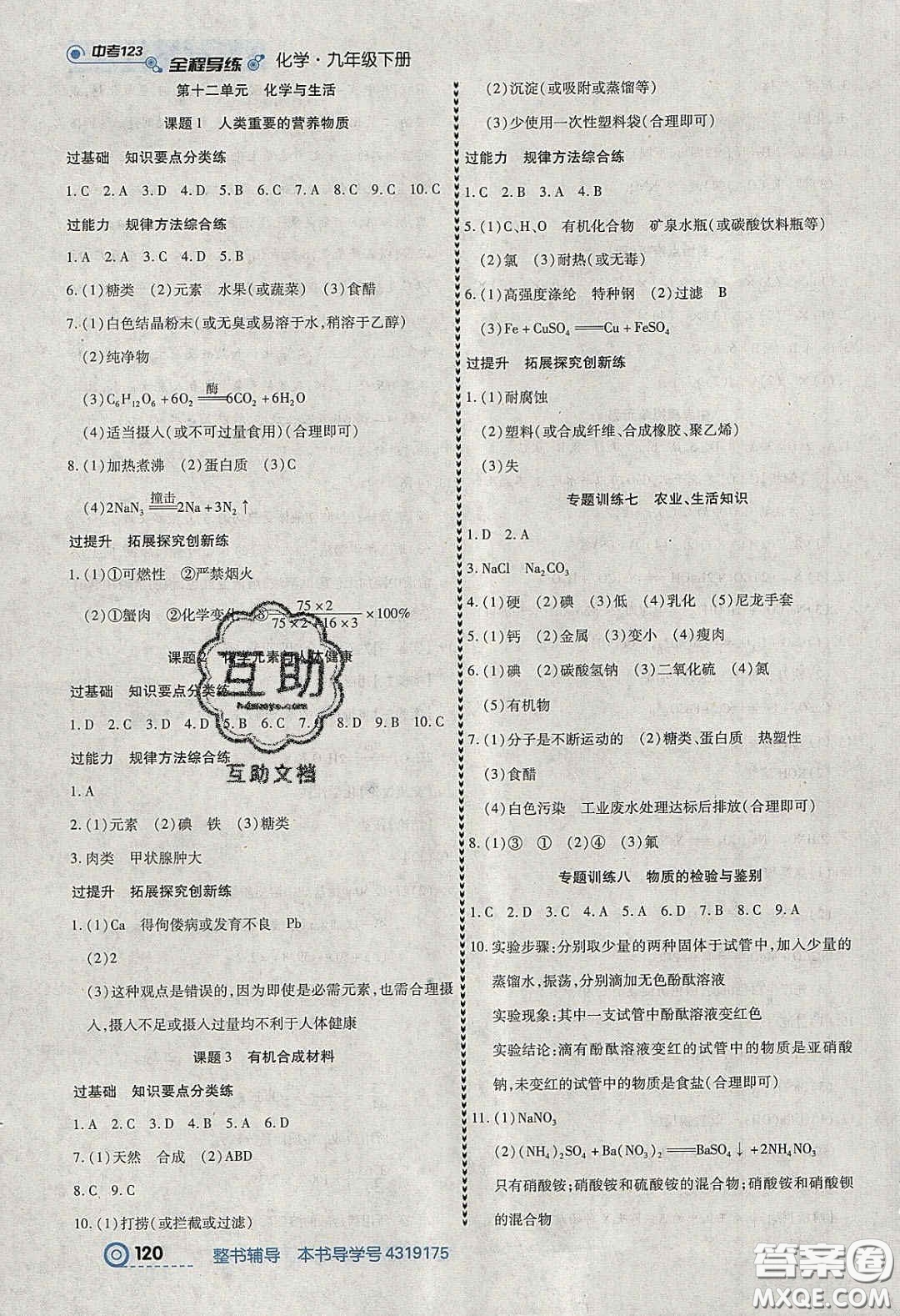 2020年中考123全程導(dǎo)練九年級化學(xué)下冊人教版答案