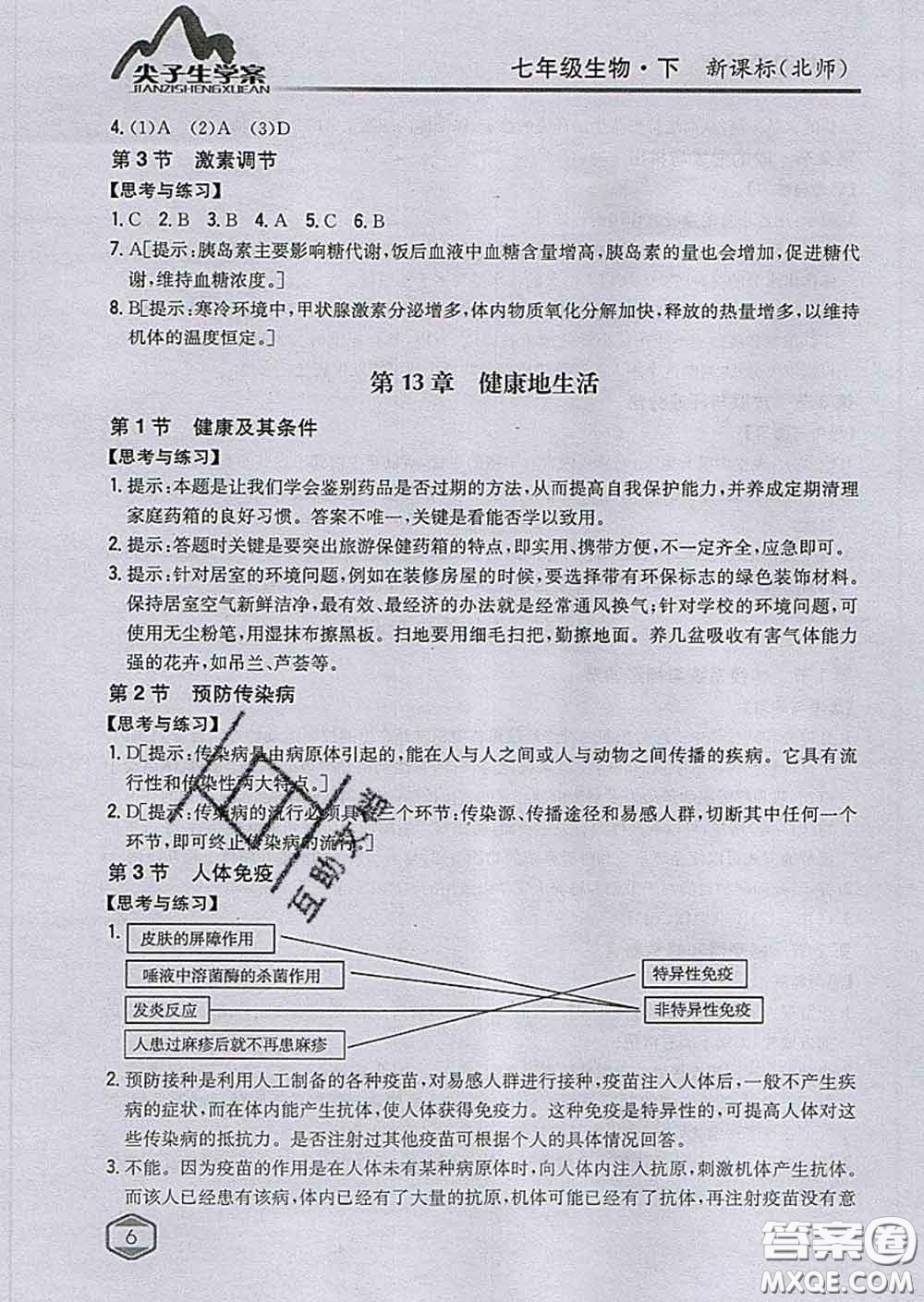 吉林人民出版社2020春尖子生學(xué)案七年級生物下冊北師版答案