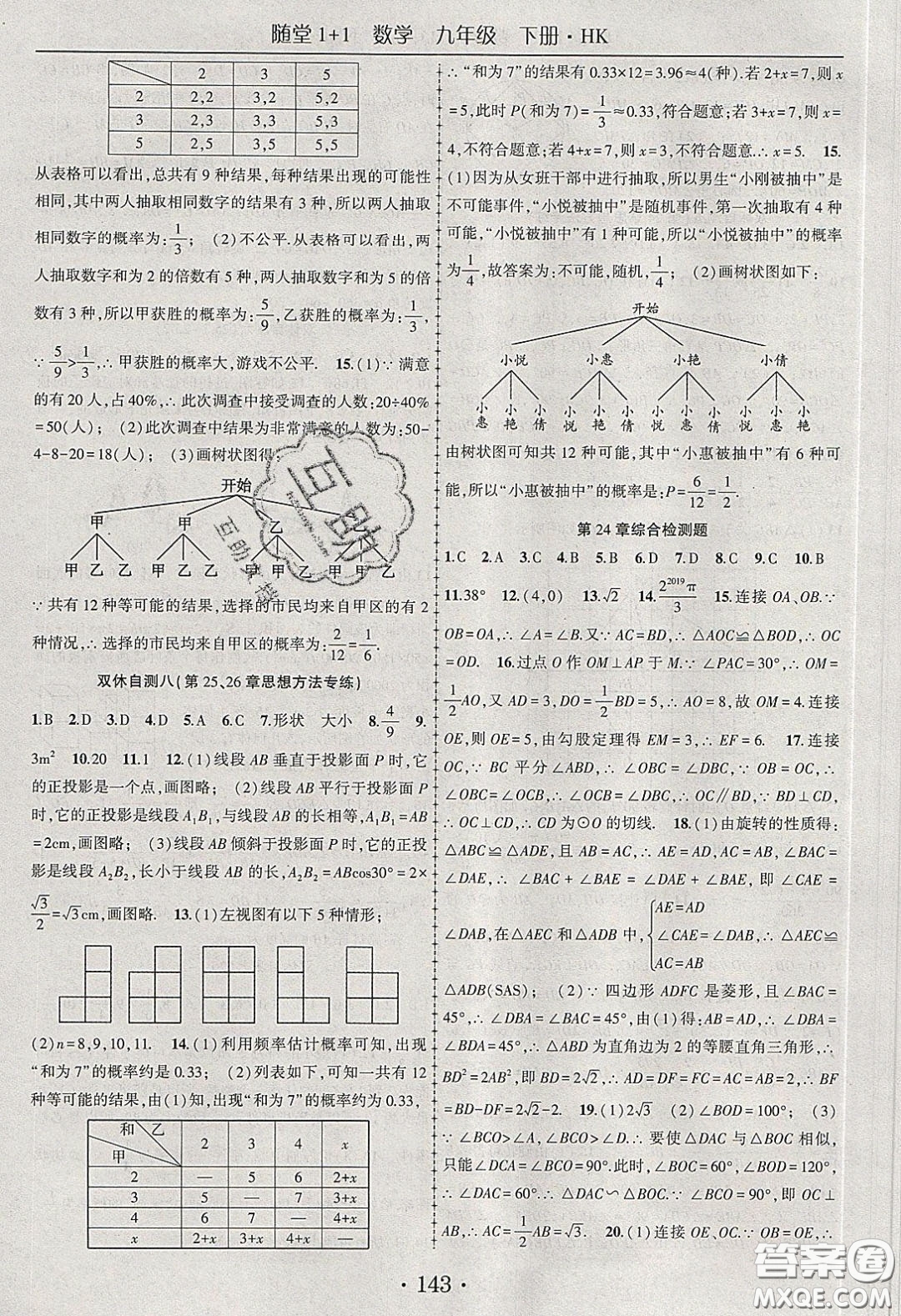 海韻圖書2020年春隨堂1+1導練九年級數學下冊滬科版答案