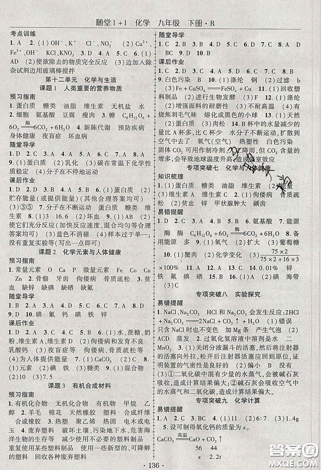 海韻圖書(shū)2020年春隨堂1+1導(dǎo)練九年級(jí)化學(xué)下冊(cè)人教版答案