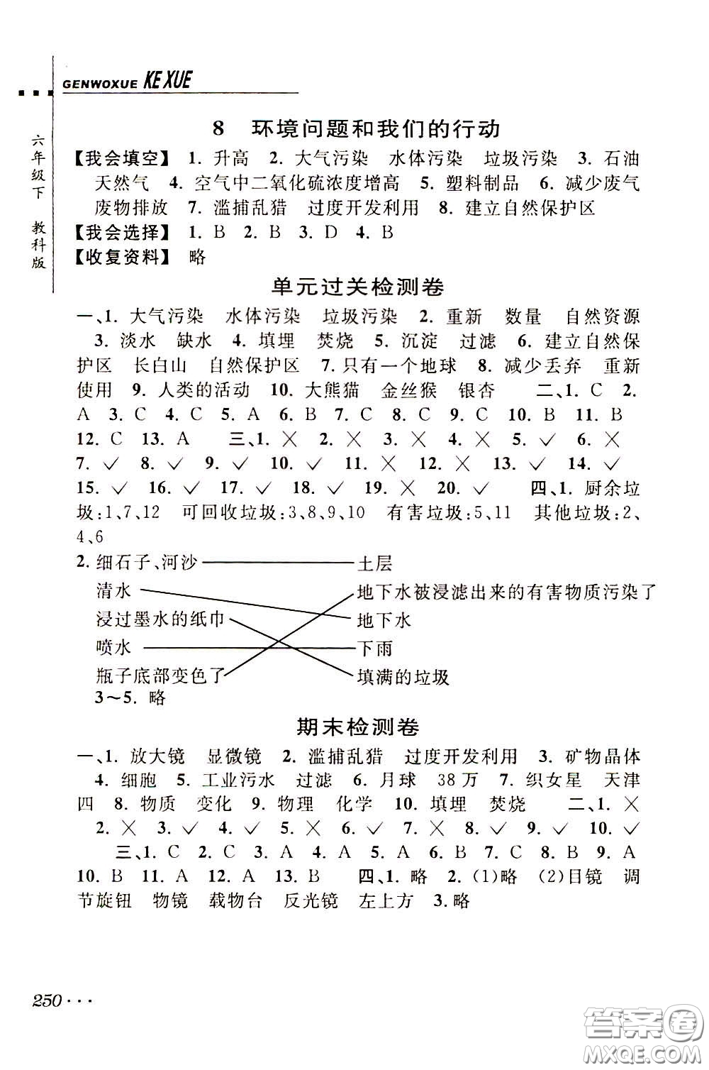 2020年跟我學(xué)科學(xué)六年級(jí)下冊(cè)J教科版參考答案