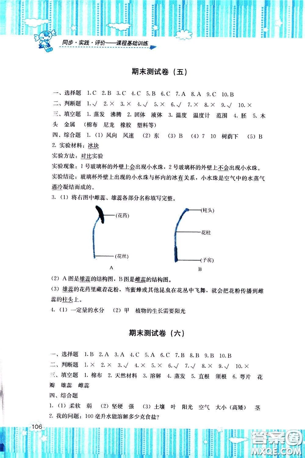 2020年課程基礎(chǔ)訓(xùn)練科學(xué)三年級下冊湘科版參考答案